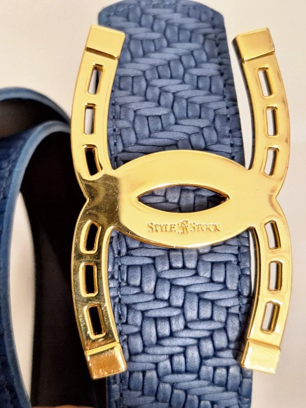 STYLE STOCK Horseshoe Buckle Belt M Blue Leather Woven Grain